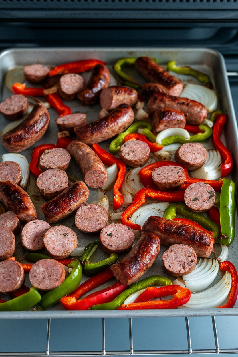 An indoor oven-top view of a sheet pan with sliced turkey sausage, red and green bell peppers, and onions roasted until caramelized. No text or logos present; photo only.