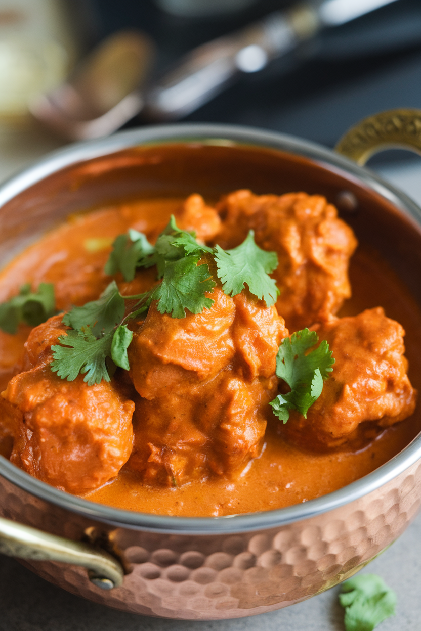 Indoor photo of butter chicken in a copper bowl, creamy tomato sauce coating tender chicken pieces, cilantro garnish. No text or logos.