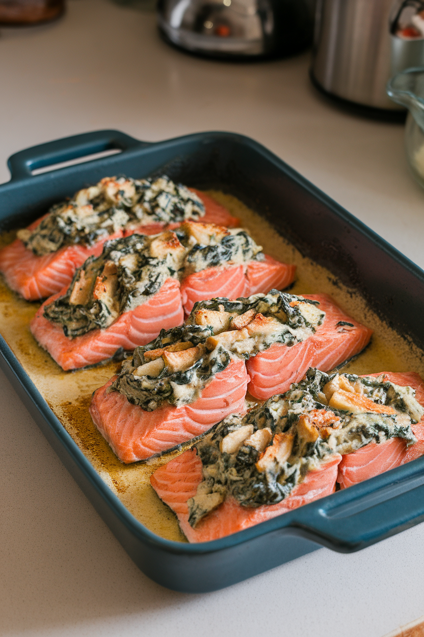 A baking dish on an indoor countertop showing salmon fillets slit and filled with creamy spinach-artichoke mixture, cooked to flaky perfection. No logos or text, photo only.
