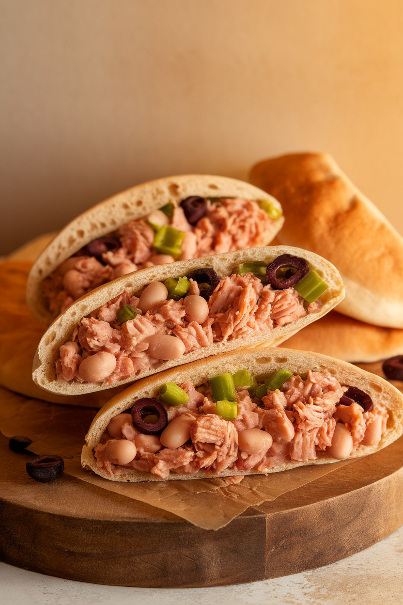 Indoor photo of halved pita breads stuffed with tuna, cannellini beans, chopped celery, and olives, placed on a wooden board. Warm lighting, no logos.