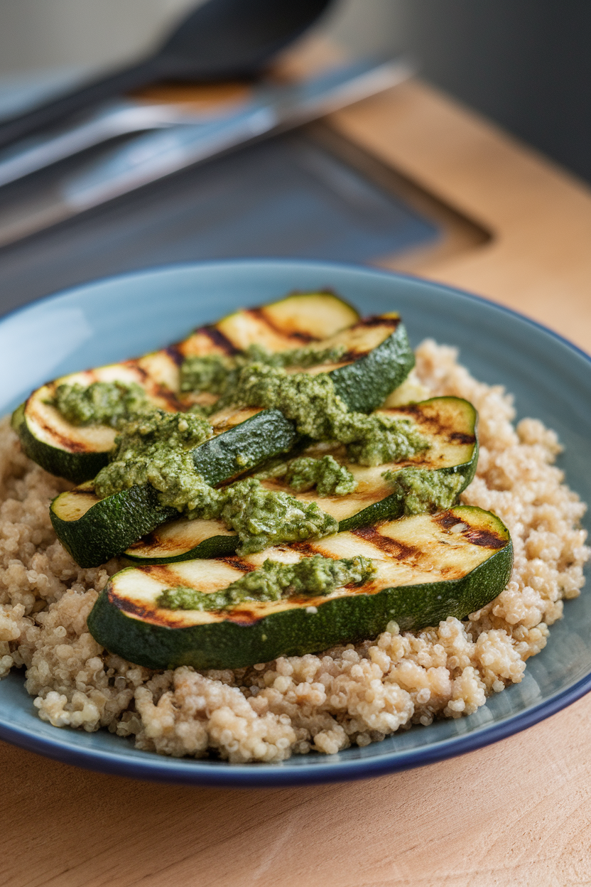 Indoor plate featuring grilled zucchini strips drizzled with mint pesto over quinoa; no text or logos.