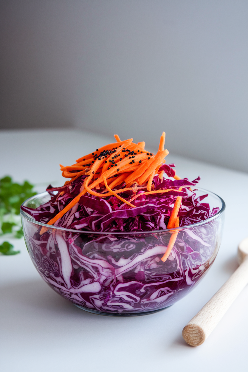 Clear indoor bowl of vibrant purple cabbage slaw with carrot ribbons, black sesame seeds on top. No text or logos.