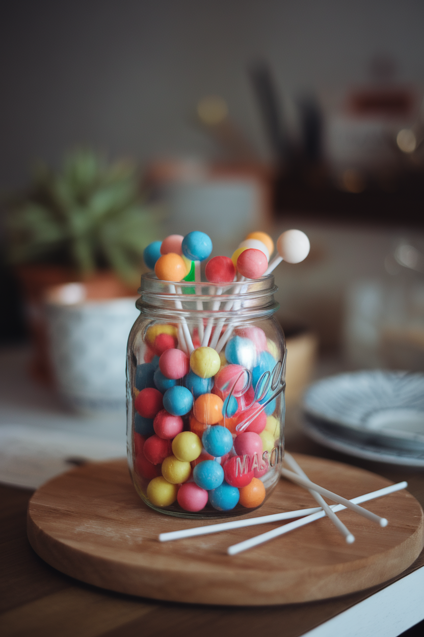Photo of indoor mason jar filled with small round lollipops in assorted colors, plain sticks, no text or logos