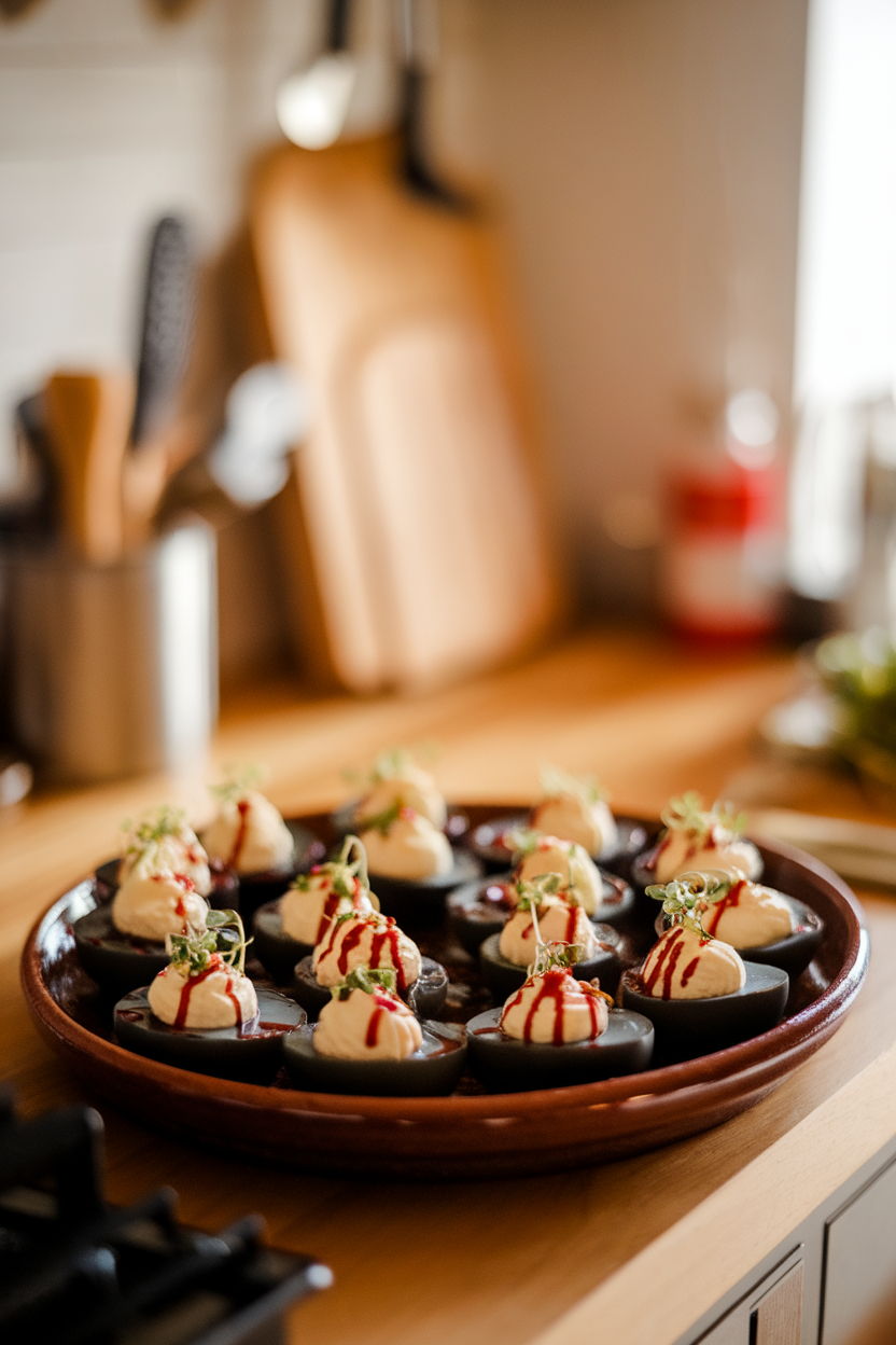A warmly lit indoor kitchen counter featuring a ceramic platter of deviled eggs dyed midnight black with activated charcoal, each yolk mound drizzled with ruby-red chili oil and finished with microgreens. Shallow depth of field, no text or logos. Photo, not illustration.