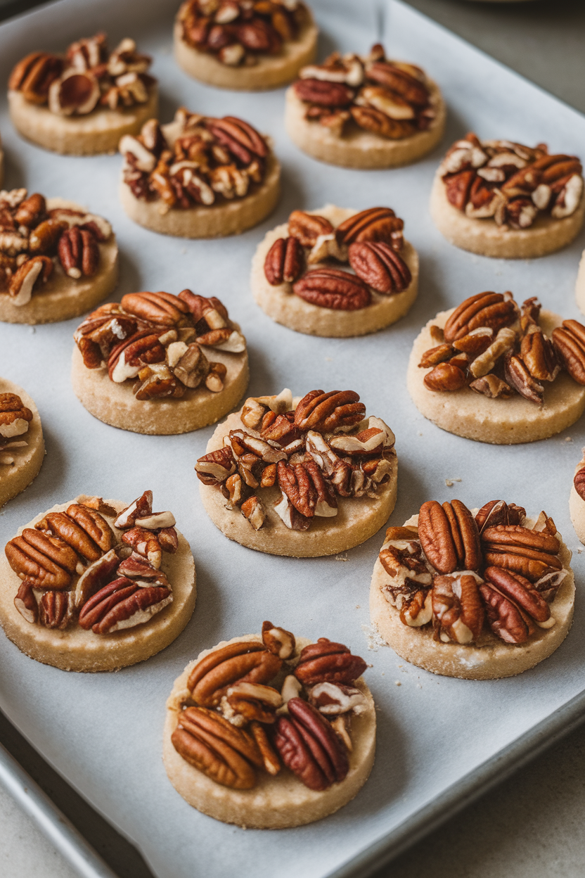 An indoor baking sheet with round shortbread cookies, coarse pecan pieces on surface, edges slightly browned. No text or logos.