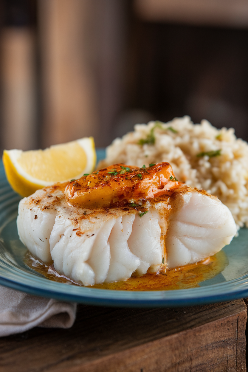 Indoor plate featuring flaky white cod fillet topped with melted Cajun-spiced butter and a lemon wedge, rice pilaf in the background. No text or logos.