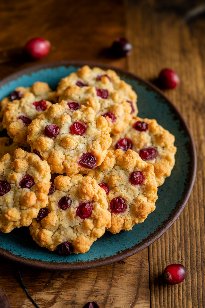 Indoor scene with golden cornmeal cookies dotted with cranberries on a rustic plate. Warm ambient light, no text or logos. Photo only.