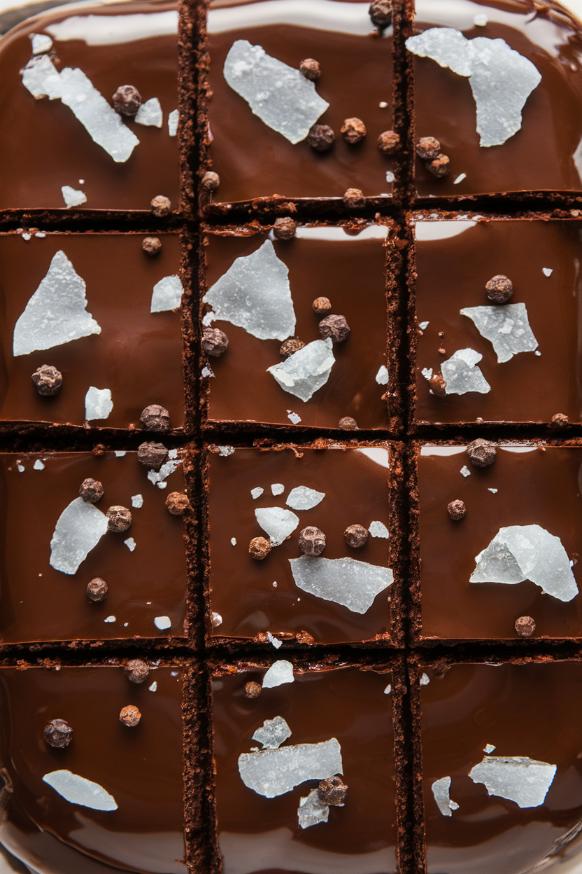 Indoor shot of brownies finished with flaky sea salt and cracked black pepper on glossy ganache, showcasing a sophisticated edge; no text or logos