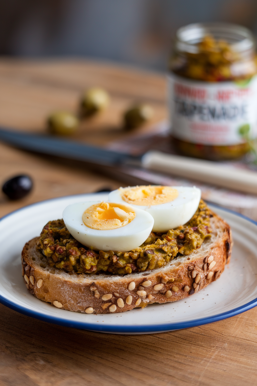 Indoor plate with toasted multigrain bread spread with olive-red pepper tapenade and topped with shaved hard-boiled egg. No text or logos.