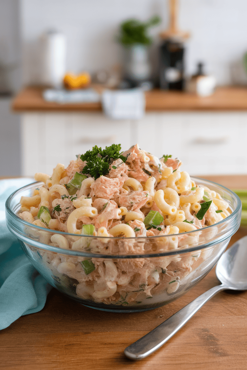 A photo of an indoor kitchen island showing a mixing bowl of creamy tuna macaroni salad with celery bits and parsley, serving spoon resting nearby. No text or logos.
