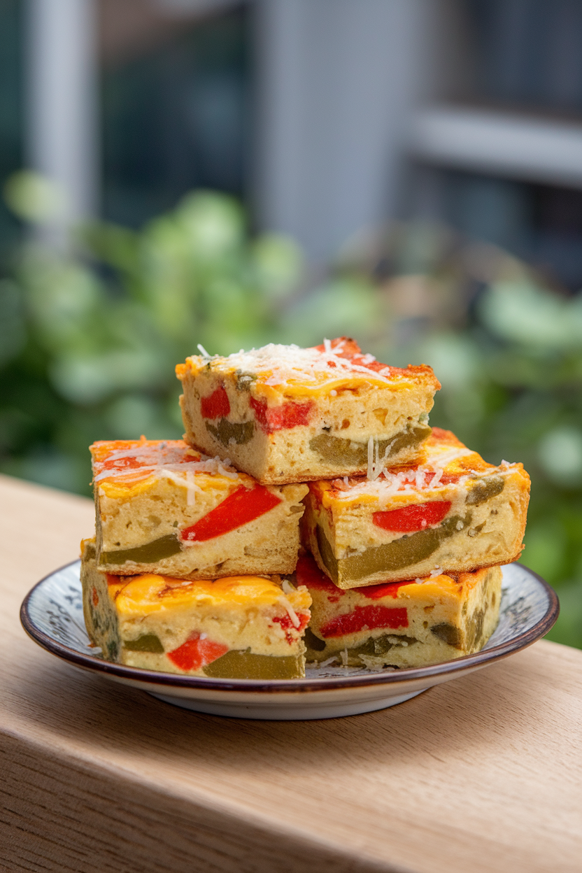 Photo of bite-sized frittata squares with peppers and cheese, stacked on a small indoor plate. No text or logos.