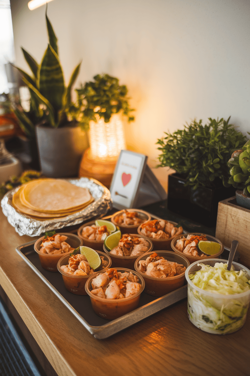A warmly lit indoor counter displaying small containers of flaked tilapia seasoned with chili and lime, corn tortillas wrapped in foil, and a side cup of cabbage slaw. No logos or text. Photo only.