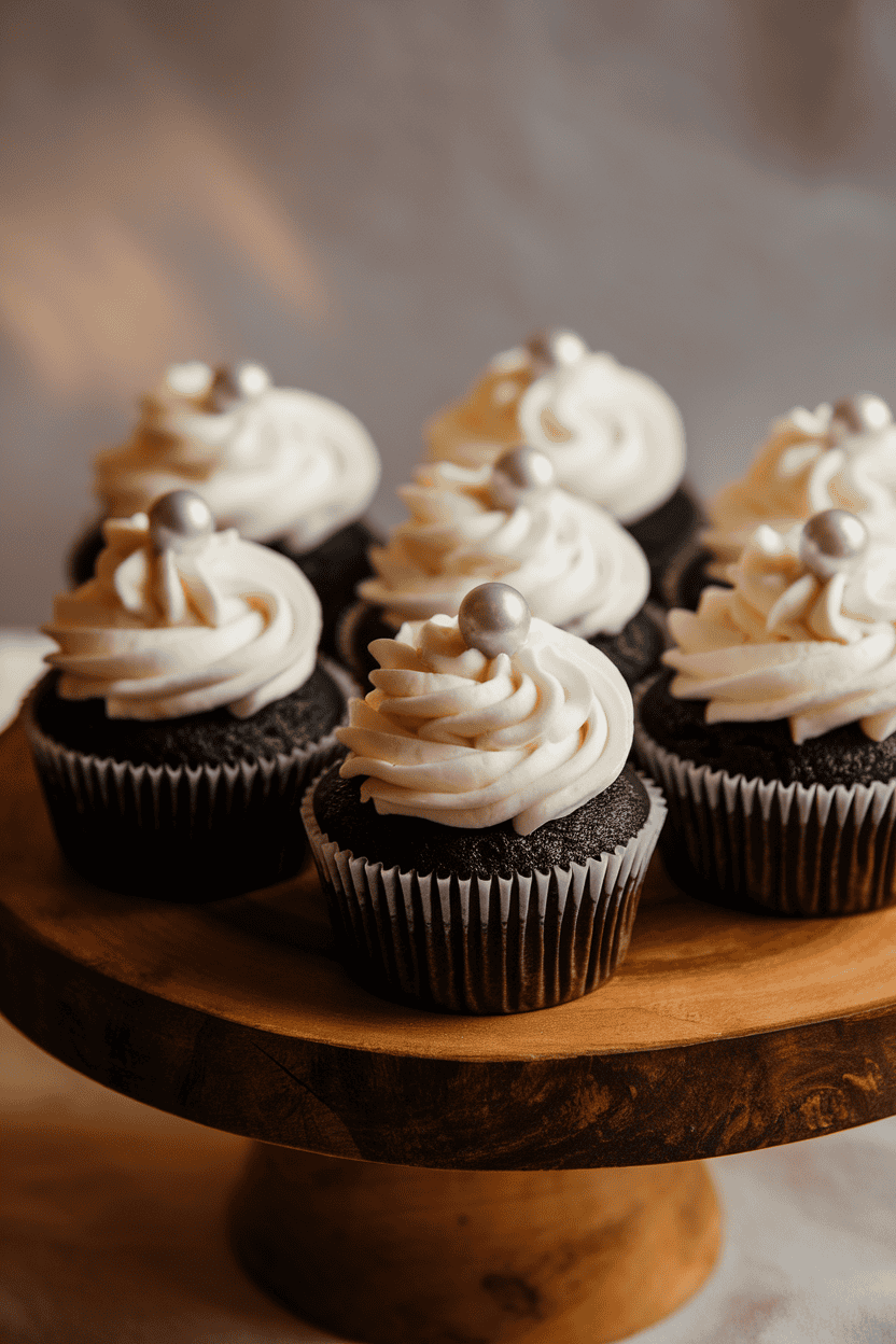 Indoor photo of deep black cocoa cupcakes topped with snowy white cream cheese swirls and a single edible silver pearl; no text or logos
