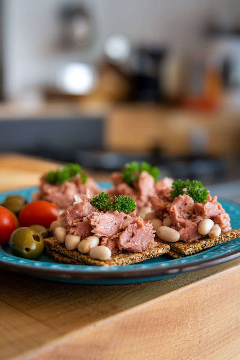 An indoor snack plate with whole-grain crackers topped by a mixture of cooked tuna, white beans, and parsley. No text or logos. Photo, not illustration.