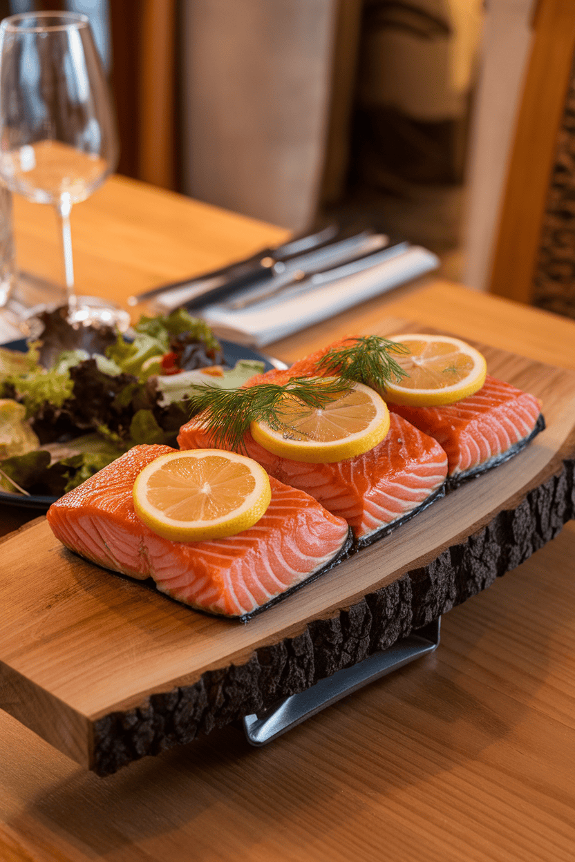 Indoor dining table with a cedar plank holding cooked salmon fillets topped with lemon slices and fresh dill, slight wood grain visible. No text or logos in scene. Photo, not illustration.
