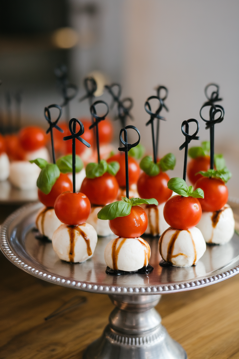 Photo of mini mozzarella balls, cherry tomatoes, and basil threaded on black cocktail picks, drizzle of balsamic, on an indoor serving tray. No text or logos.