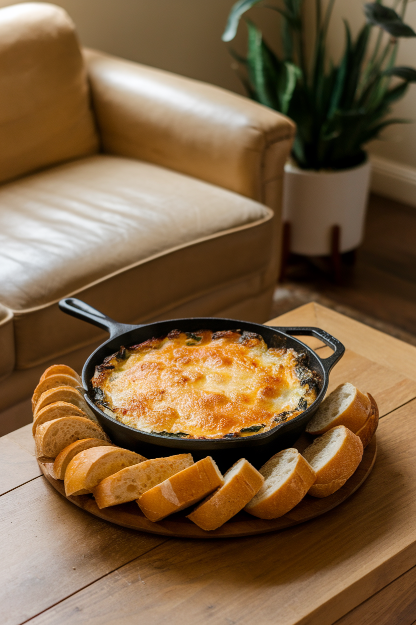An indoor coffee table with a small cast-iron skillet of bubbling spinach artichoke dip, golden cheese top, no text or logos. Photo.</Prompt