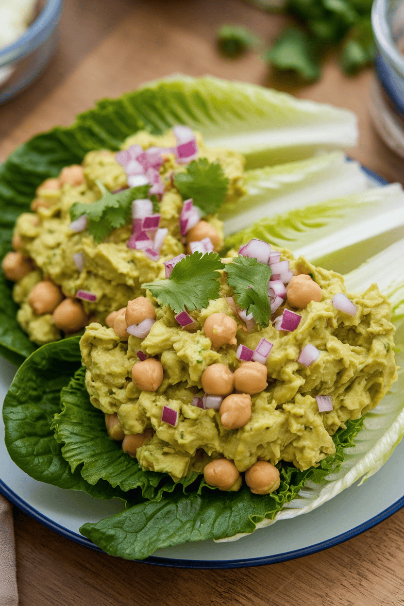 An indoor plate of crisp romaine leaves filled with mashed avocado chickpea salad, garnished with diced red onion and cilantro. No text or logos visible. Photo, not illustration.