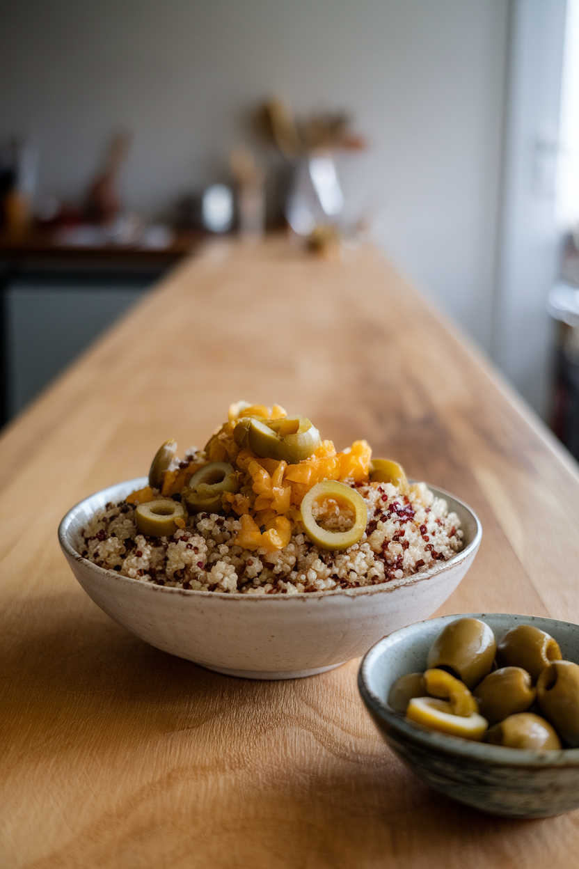 Indoor countertop with quinoa, golden caramelized shallots, and sliced green olives in a bowl; no text or logos.