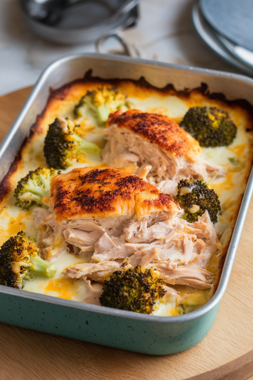 Indoor baking dish of classic chicken Divan with broccoli florets and creamy cheese sauce browned on top. No logos. Photo.