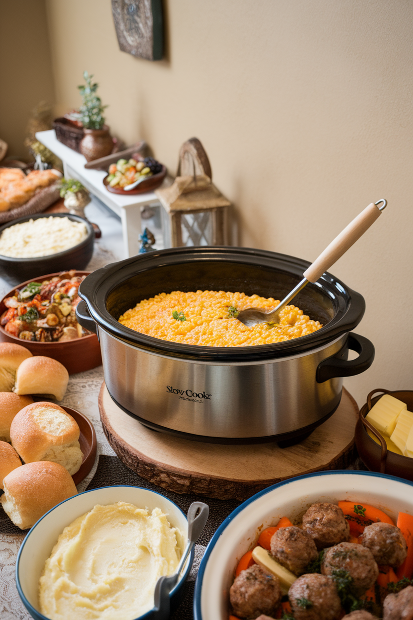 An indoor buffet table with a slow cooker crock filled with creamy corn, ladle resting inside, no appliance branding. Photo.</Prompt