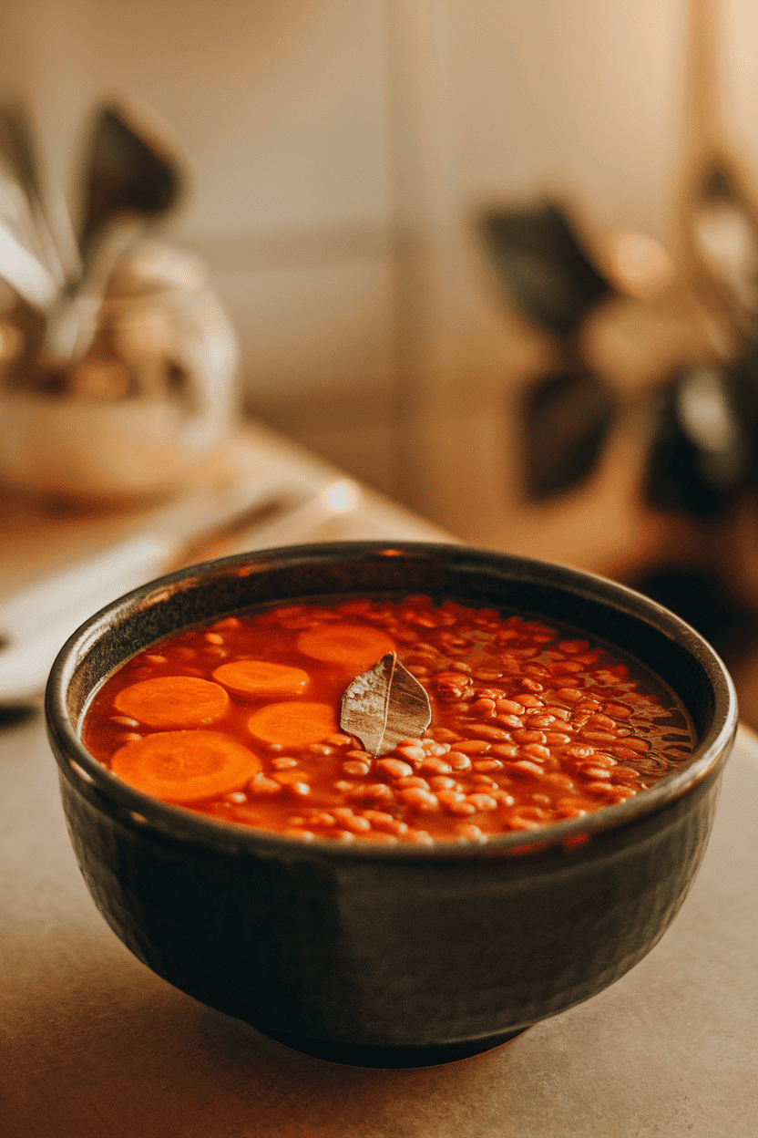 Photo of an indoor kitchen table displaying a deep bowl of lentil soup with visible carrot rounds, tomato base, and a bay leaf floating on top; no text or logos in sight.