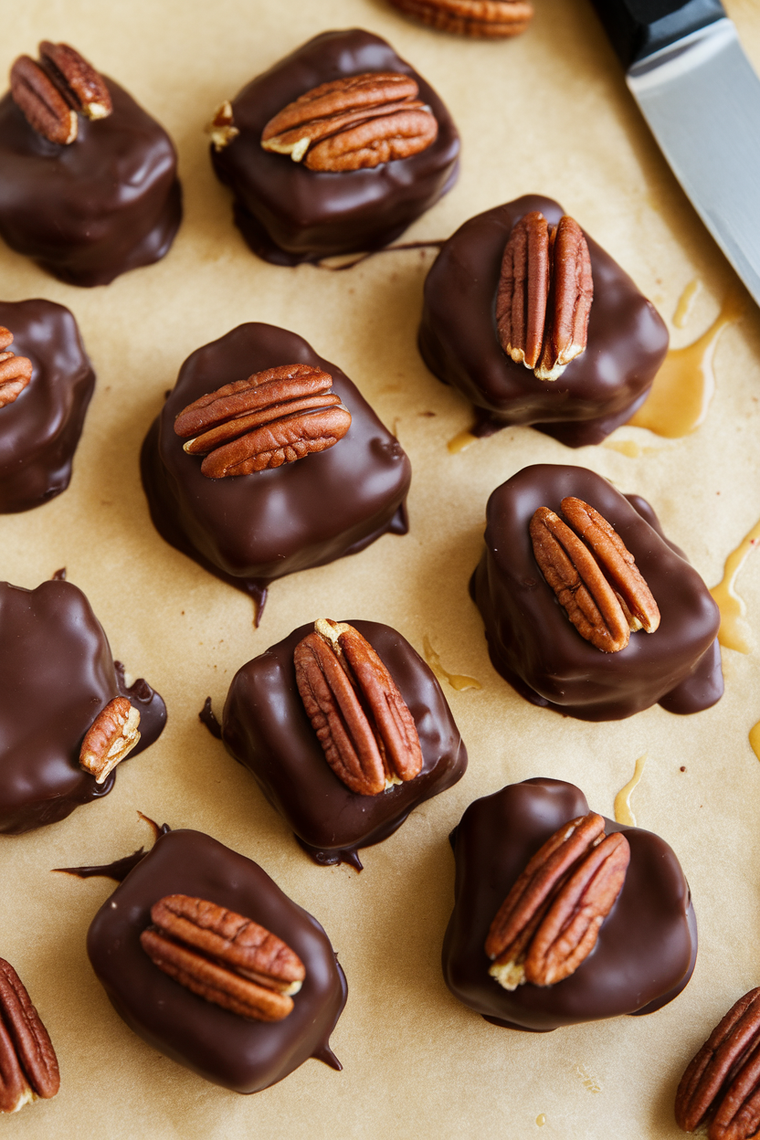 Indoor photo of homemade chocolate-covered caramel pecan clusters on parchment paper. No text or logos.