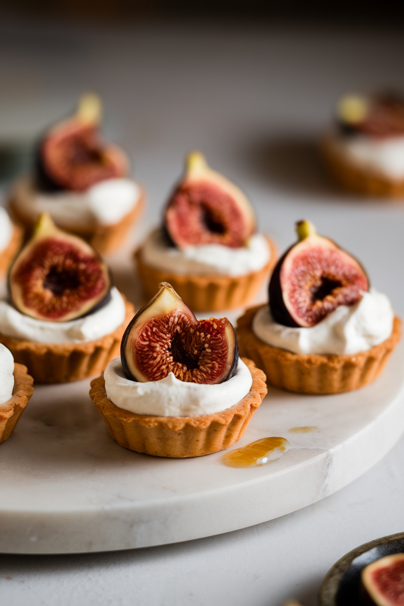 Indoor photo of small tartlets filled with honey-roasted figs and mascarpone cream, set on a marble platter. No text or logos.