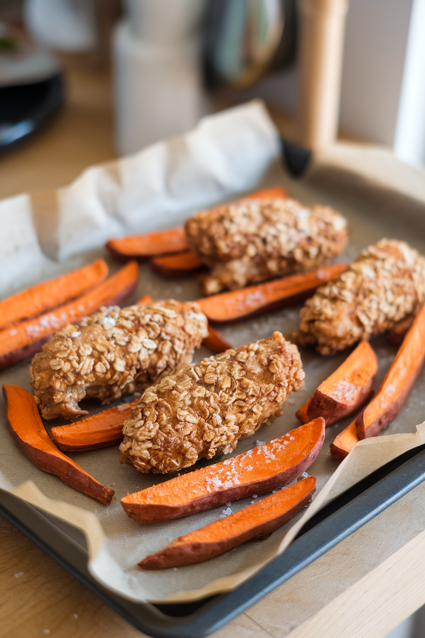 Indoor photo of baked chicken tenders coated in oats next to roasted sweet potato fries on a parchment-lined tray; no text or logos.