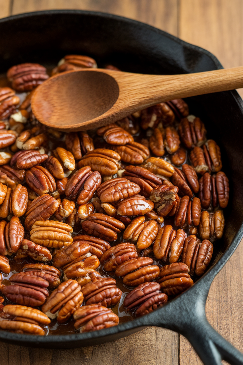 An indoor cast-iron skillet containing glossy pecans coated in maple glaze, wooden spoon resting on the side. No text or logos.