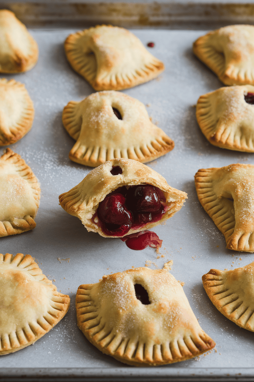An indoor baking sheet lined with golden baked cherry hand pies, one broken open to show juicy filling, light dusting of sugar on crust. No text or logos; photo only.