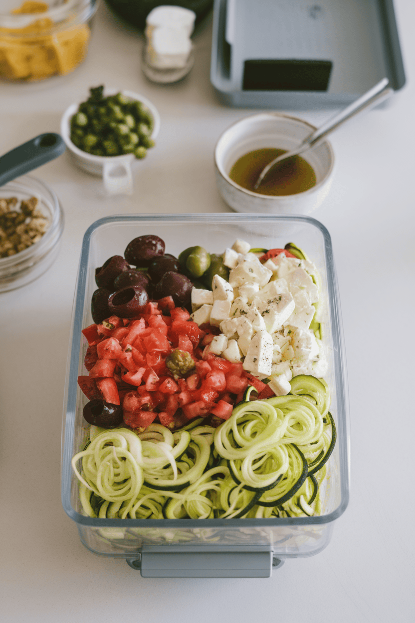 An indoor prep table with spiralized zucchini noodles, diced tomatoes, olives, feta, and oregano vinaigrette in a clear container. No text or logos displayed.