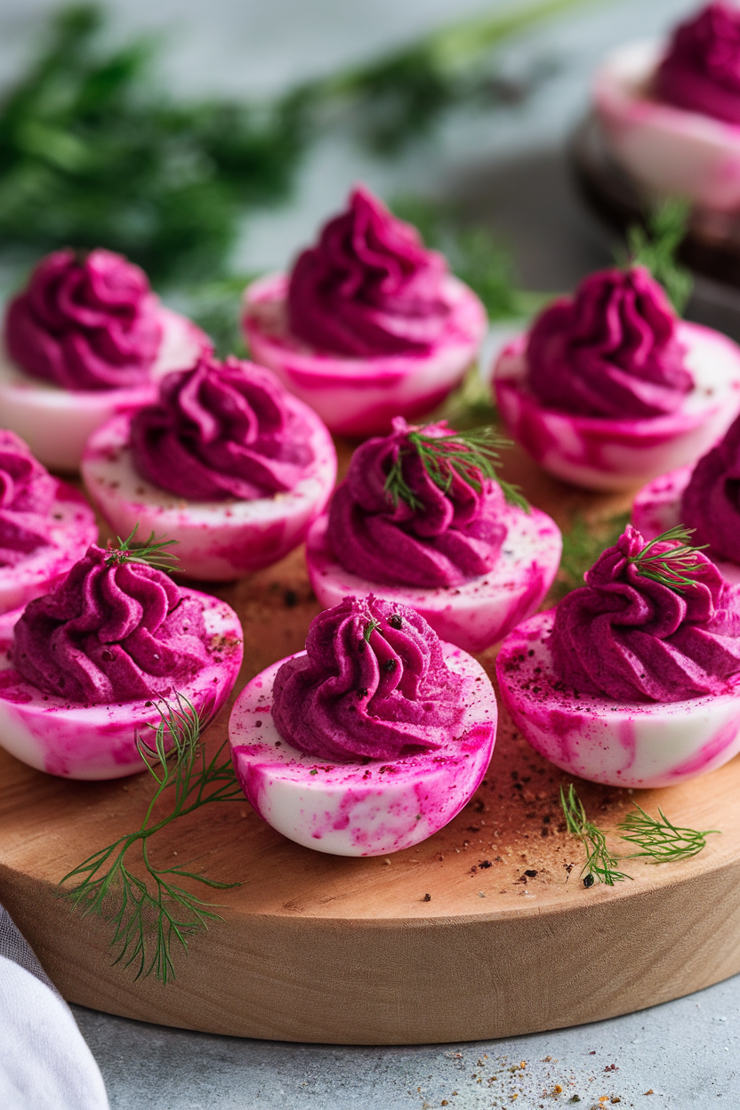 Indoor platter of magenta deviled eggs, whites stained with beet brine and yolks piped high. Photo, no text or logos.