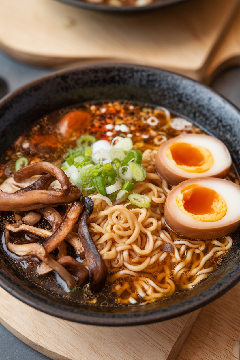 Indoor bowl of broth-based ramen topped with noodles, sliced soft-boiled egg, sautéed mushrooms, and green onions. No text or logos.