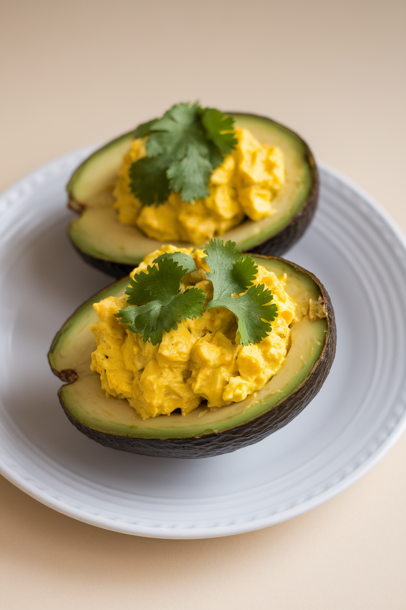 Indoor plate showing halved avocado filled with bright yellow curried egg salad, garnished with cilantro. No text or logos.