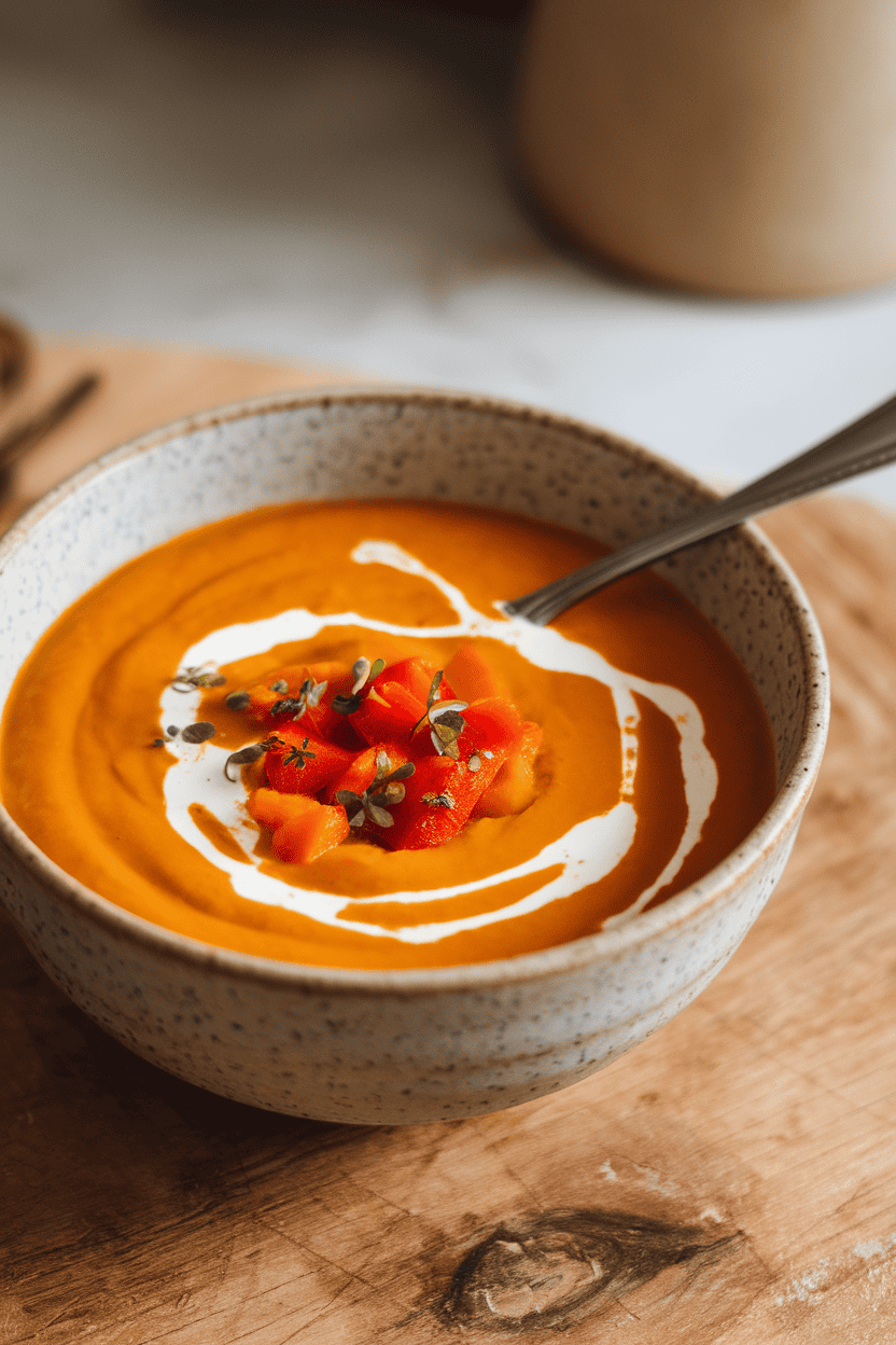 Indoor soup bowl filled with velvety orange sweet potato and red pepper soup, a swirl of yogurt on top, spoon alongside. No text or logos. Photo, not illustration.