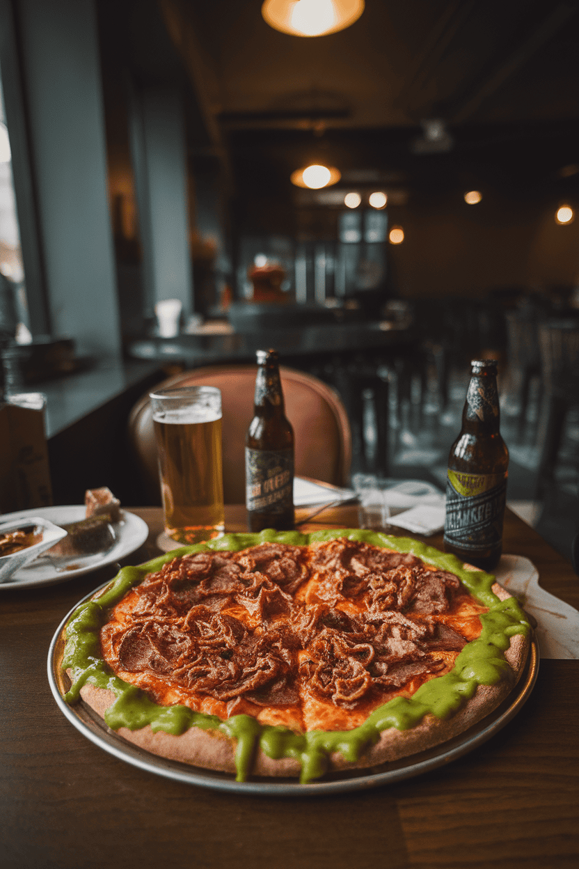 Dim indoor bar scene highlighting a brisket pizza with streaks of green jalapeño sauce resembling zombie slime. No text or logos.
