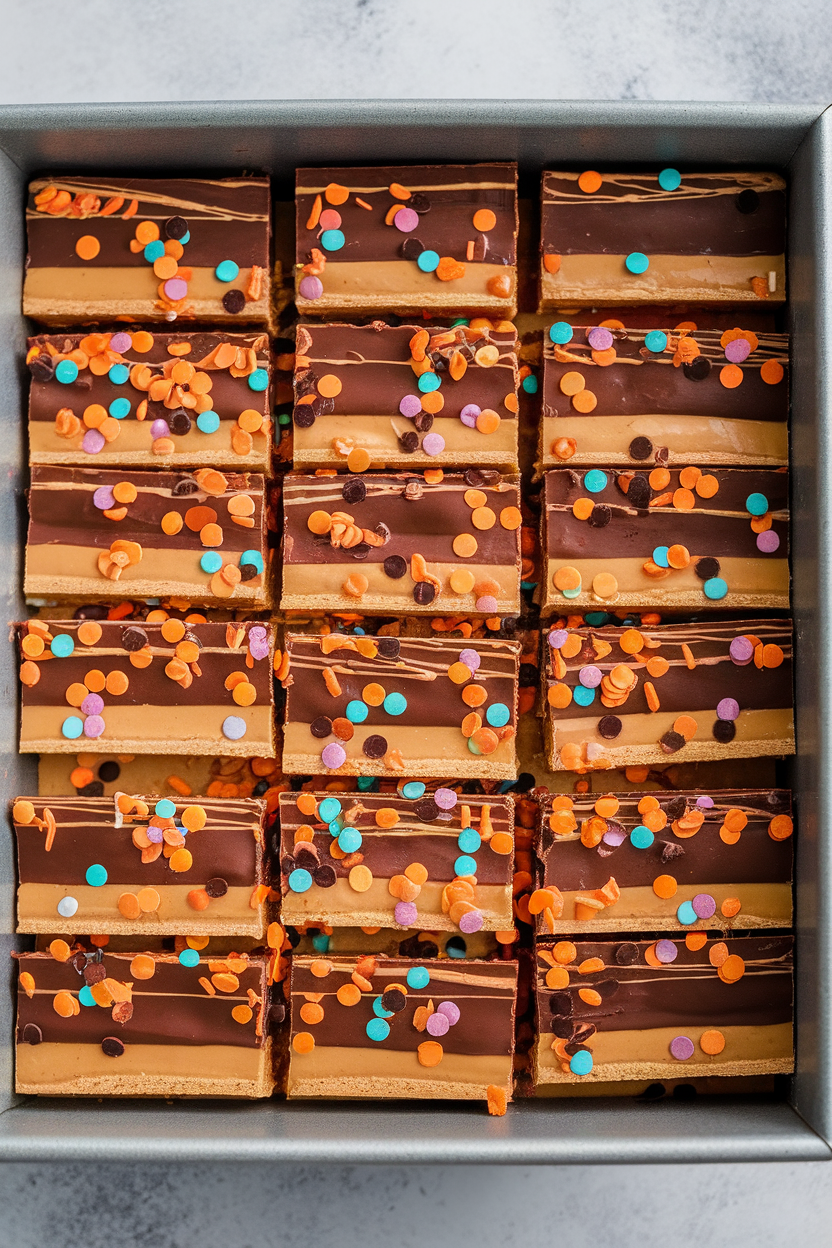 An indoor square baking pan cut into layered peanut butter, chocolate, and butterscotch bars sprinkled with Halloween confetti. Photo only, no text or logos.