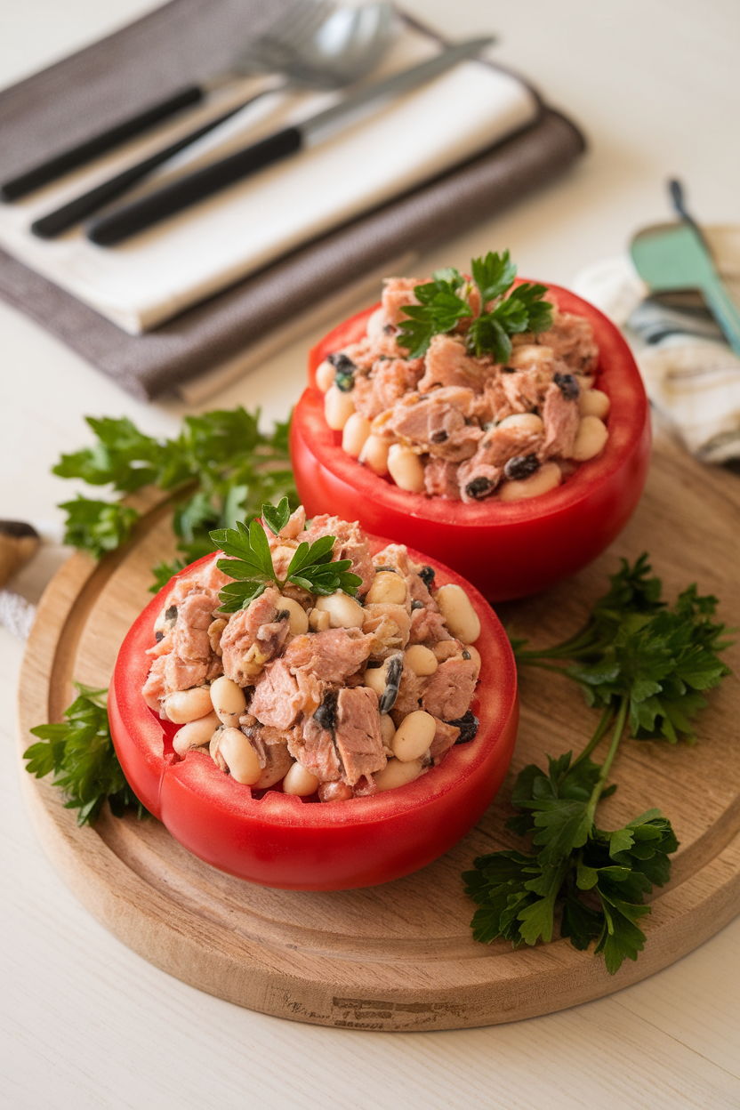 An indoor dining setup with large tomato halves overfilled with tuna and white bean salad, parsley sprinkled on top. No logos or text; photo only.