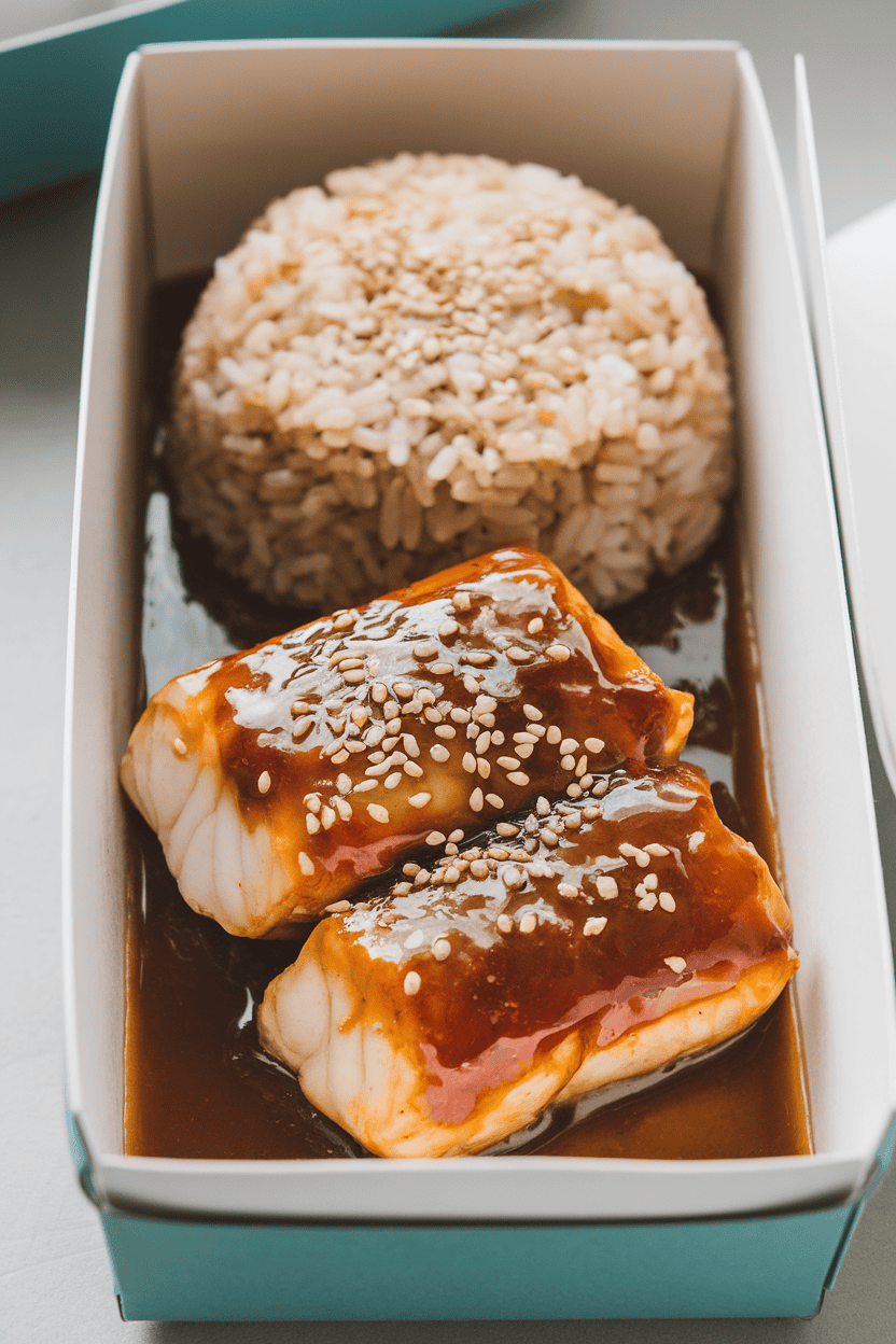 A photo taken indoors showing a rectangular meal-prep box holding flaky cod coated in a shiny teriyaki glaze beside a mound of brown rice, garnish of sesame seeds on top. No logos or text.