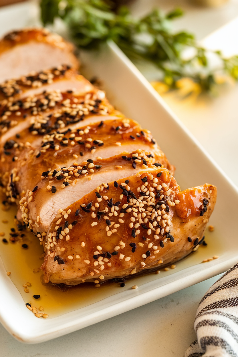 Indoor countertop scene showing glazed chicken breast slices on a white platter, glistening with honey-garlic sauce and sprinkled with sesame seeds. Soft, warm lighting, no logos or text. Photo only.