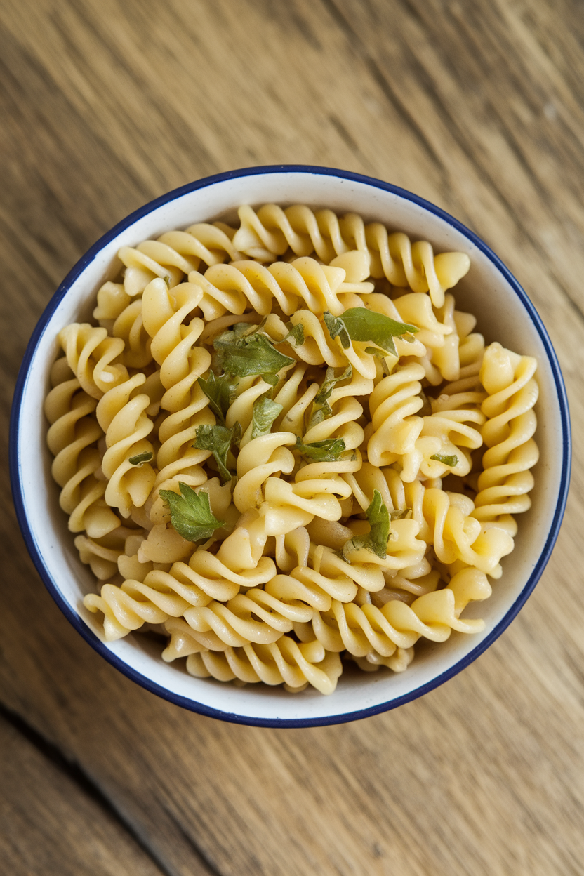 Indoor pasta bowl containing al dente gluten-free fusilli lightly coated in extra-virgin olive oil and a sprinkle of parsley. No text or logos; photo only.