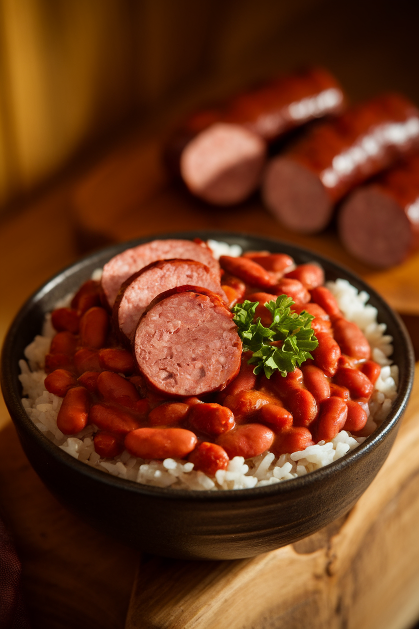 Indoor photo of a bowl of red beans and rice with sliced smoked sausage on top, parsley garnish. Warm indoor lighting, no text or logos.