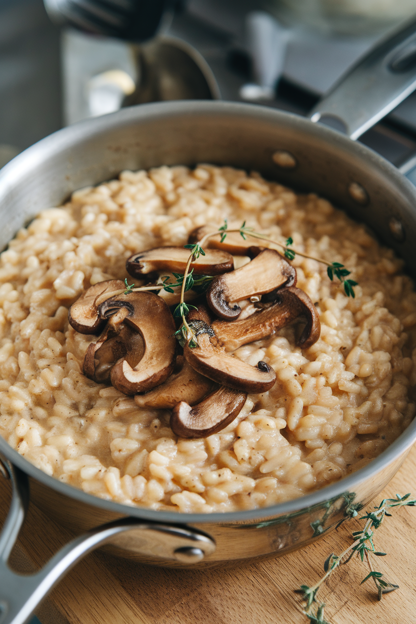 Photo, indoor saucepan holding creamy farro risotto with sautéed mushrooms and thyme leaves; no text or logos.
