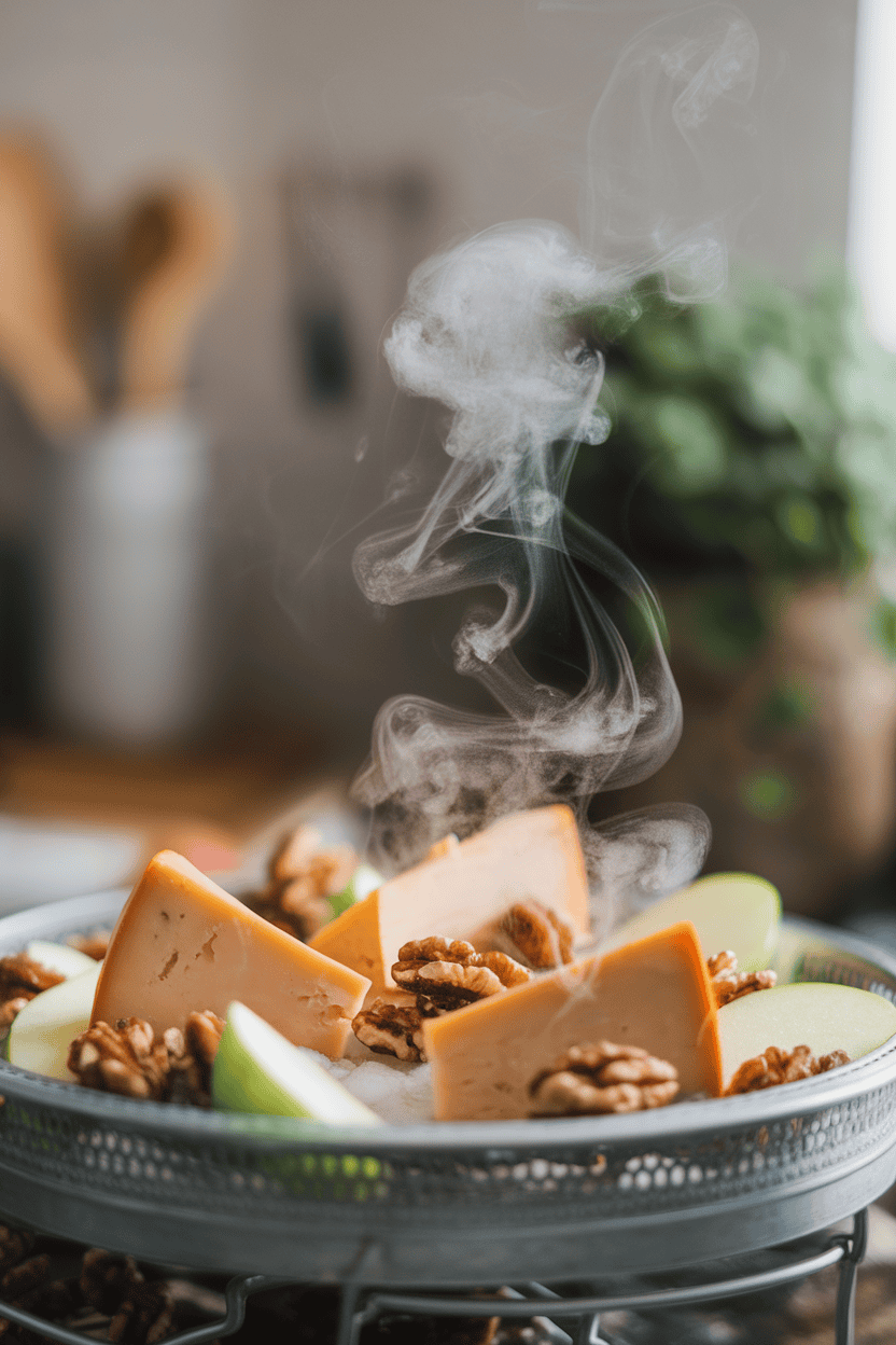 Soft indoor photo of wisps of dry ice vapor drifting around a board of smoked gouda wedges, apple slices, and candied walnuts in a metal tray. No text or logos.