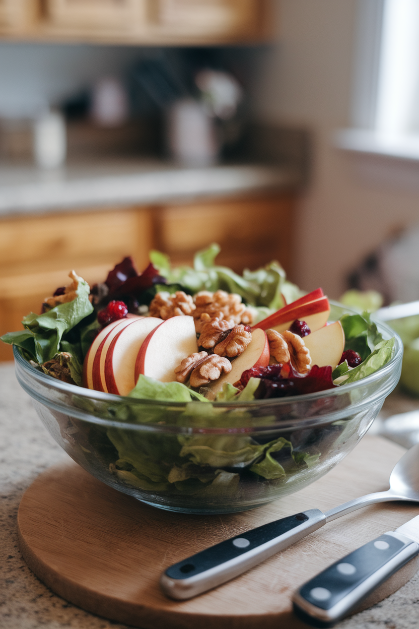 An indoor kitchen counter showcasing a salad bowl with mixed greens, sliced apples, walnuts, and cranberries, lightly dressed; no text or logos. Photo.</Prompt