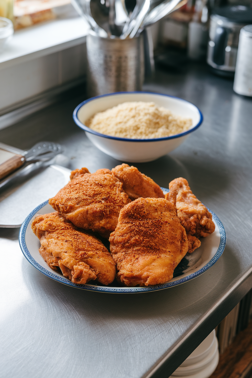 Indoor kitchen counter featuring fried chicken breasts colored deep gold by ras el hanout spices, couscous bowl in background, photo only, no text or logos