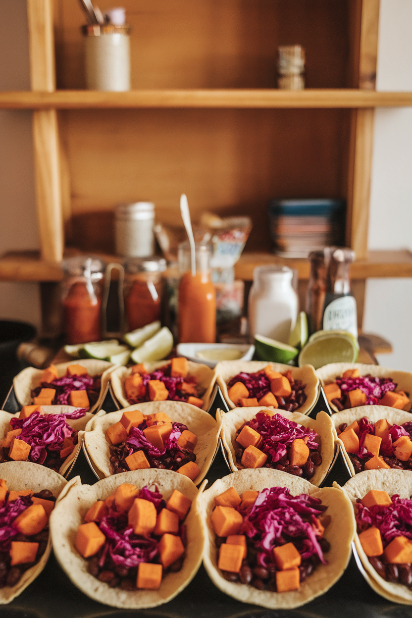 An indoor taco bar scene displaying corn tortillas filled with spiced black beans, roasted sweet potato cubes, and shredded red cabbage. No text or logos; photo only.