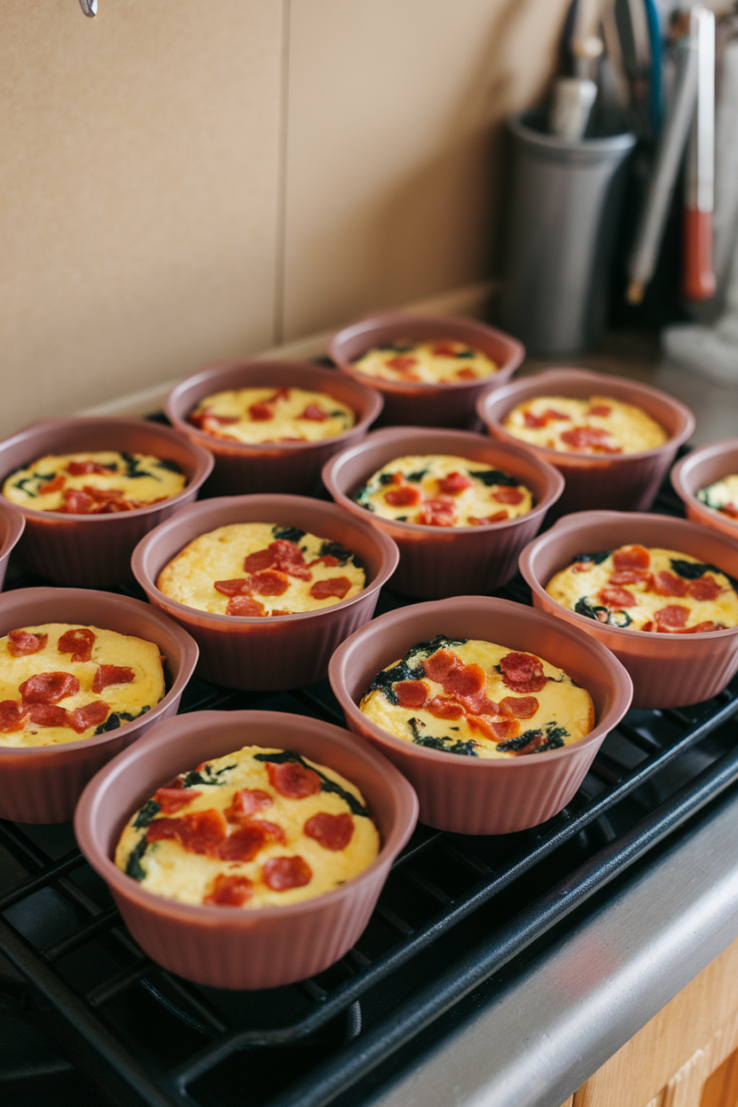 Photo of silicone muffin cups on an indoor counter, each holding mini frittatas studded with pepperoni bits and spinach. No text or logos.