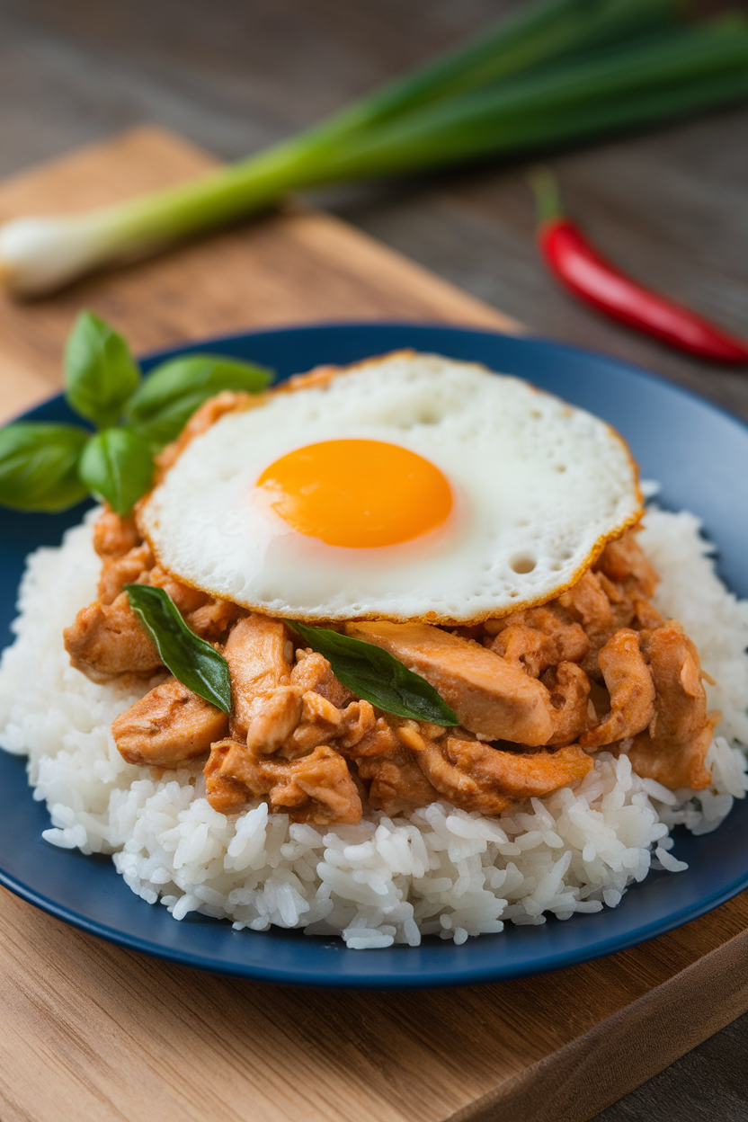 Indoor plate of Thai basil chicken breast mince over jasmine rice, fried egg on top, no logos. Photo.